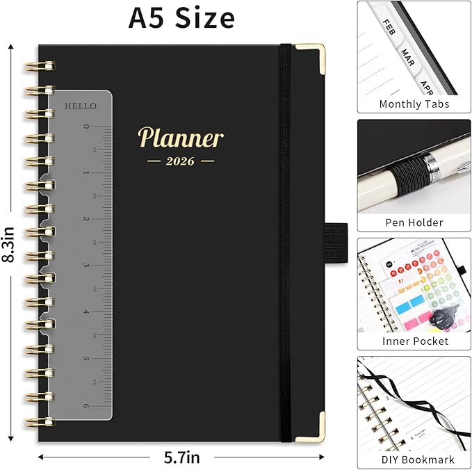 AHGXG 2026 Planner, Weekly and Monthly, 2026 Calendar, Jan 2026 - Dec 2026, Hardcover with Monthly Tabs, 100 GSM Thick Paper, for Women School Home Office Supplies, 6" X 8.38", Black