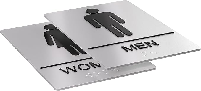 Unisex Bathroom Signs, Restroom Sign For Business - For Men and Women - 10 Pack - 9" by 6" - ADA Compliant with Braille - Strong Double-Sided Adhesives Included - Apply to Office, Home, Public Door/Wall