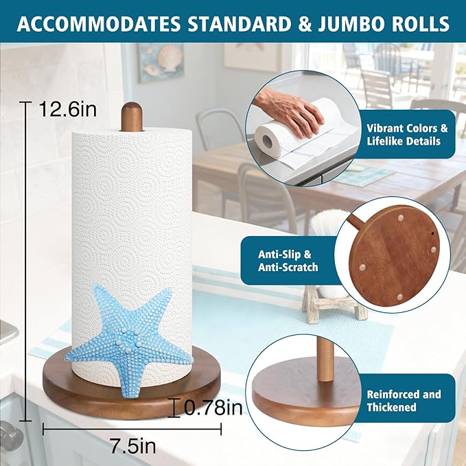 Starfish Ocean Decor for Kitchen & Bathroom, 3D Starfish Gifts for Women, Cute Wooden Paper Towel Holder, Kitchen Accessories, Housewarming Gifts