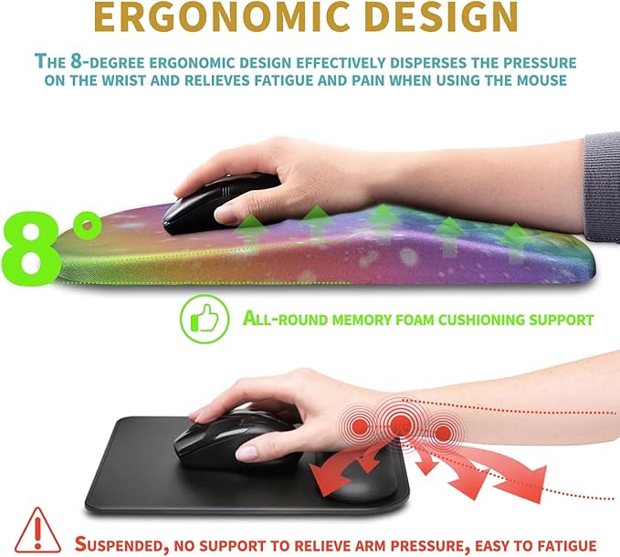 Hokafenle Ergonomic Mouse Pad Wrist Support with Massage Design, Wrist Rest Pain Relief Mousepad with Memory Foam&Non-Slip PU Base, Mouse Pads for Wireless Mouse & Desk (12x8 inch,Rainbow Bubble)