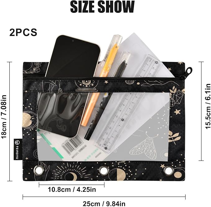 ZAZYXTJ Personalized Bohemia Boho Binder Pencil Pouchs 3 Ring with Zipper Clear Window Office Organizers bag for School Students Teacher Supplies 2 Pack