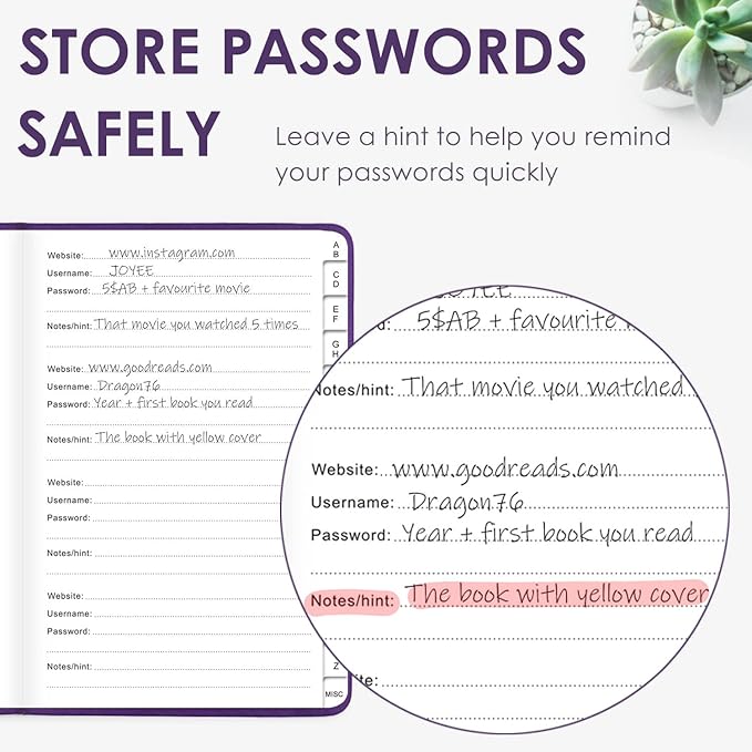 Elegant Password Book with Alphabetical Tabs - Hardcover Password Book for Internet Website Address Login - 5.2" x 7.6" Password Keeper and Organizer w/Notes Section & Back Pocket (Purple)