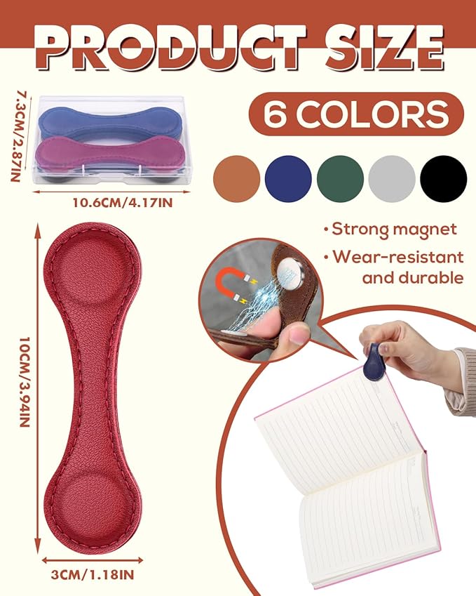 Magnetic Leather Bookmark, 6 PCS Colorful Leather Magnetic Bookmarks for Women Men, Double-Sided Magnetic Book Mark Clip for Book Lovers, Readers, Teachers, Students