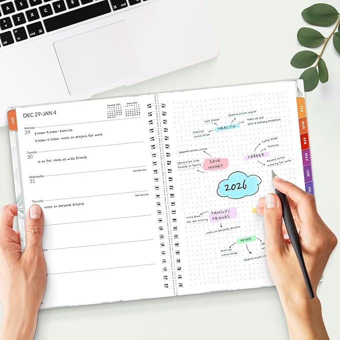 SUNEE 2026 Weekly and Monthly Planner - January 2026-December 2026, 6.4" x 8.3" Half Weekly Half Note, Daily Agenda Planner with PVC Waterproof Cover, Monthly Tab, Note, Pockets, Bookmark, Leaf