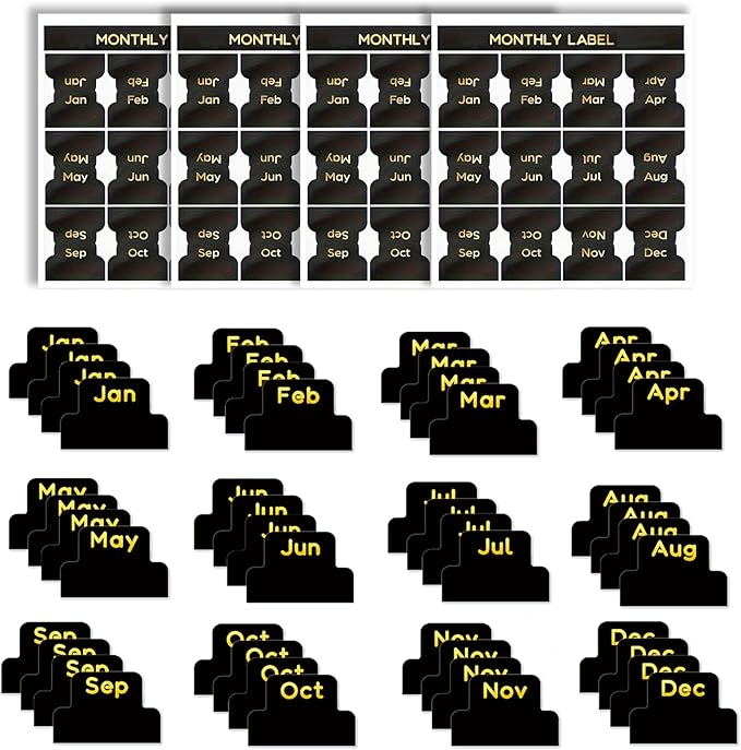 48PCS Adhesive Monthly Tabs for Planner, Black Monthly Index Stickers, Decorative Calendar Label Stickers for Office School Planner Journal Scrapbook Notebook School Accessories