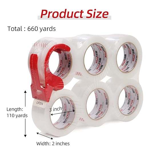 WELSTIK Packing Tape 660 Yards, 6 Pack 2 inch x 110 Yards Heavy Duty Clear Packaging Tape with Dispenser, Industrial Shipping Box Transparent Packing Tape for Moving, Office, Home