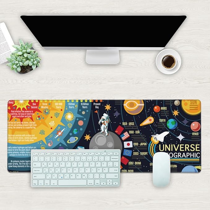 Desk Mat, 3D Solar System Galaxy Infographic Extended Gaming Mouse Pad Large, 31.5"x11.8" Big Mouse Pad with Non-Slip Base and Stitched Edge, Long Computer Keyboard Mouse Mat for Home Office Work