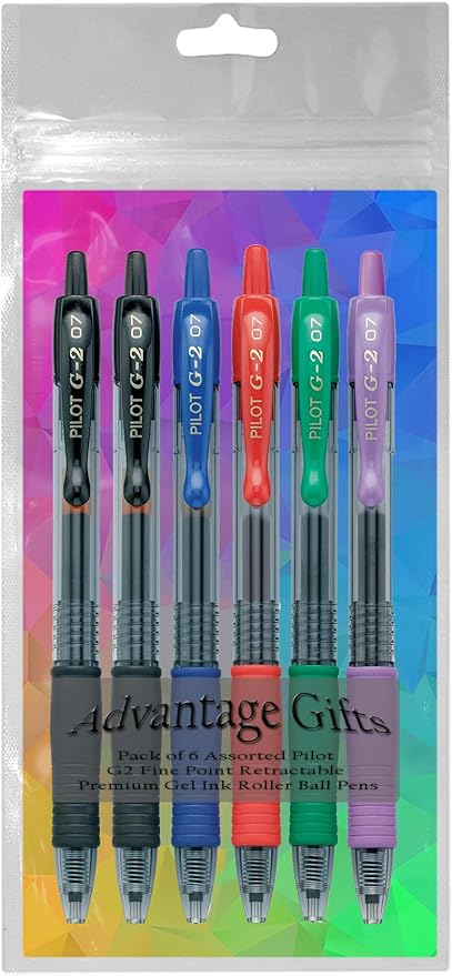 G2 Retractable Premium Gel Ink Roller Ball Pens Fine Point Fine Point (.7mm) Assorted Ink 6-pk; Refillable & Premium Comfort Grip Bundle with Plastic Reusable Pouch