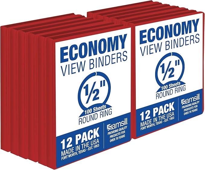 Samsill 0.5 Inch 3 Ring Binders, Made in USA, Economy Round Ring, Clear View Cover, 100 Sheet Capacity - for School, Home, Office - Red, 12 Pack