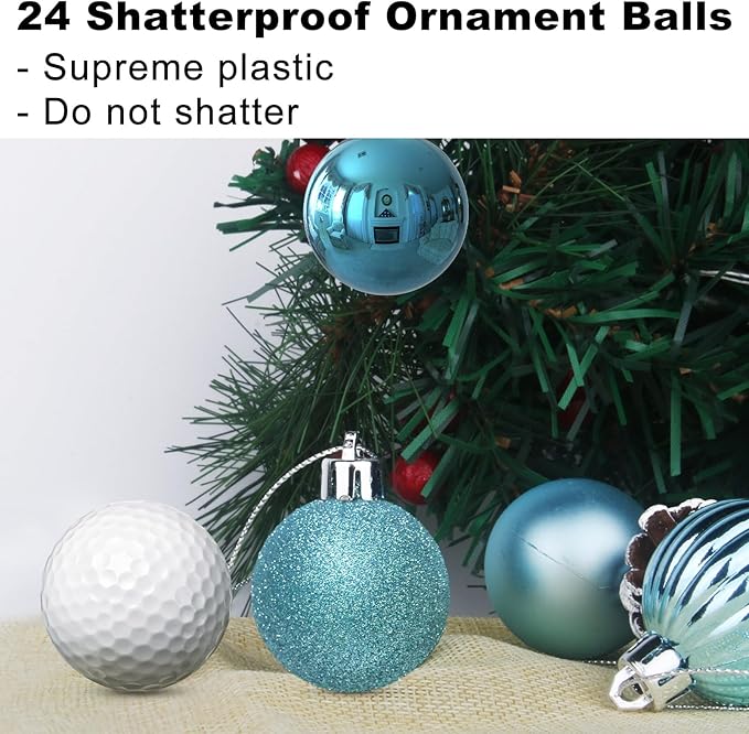 Baby Blue 1.6" Small Christmas Balls Christmas Tree Decoration Ornaments Shatterproof Hanging Balls for Birthday Halloween Holiday Wedding Decorations Set of 24pcs