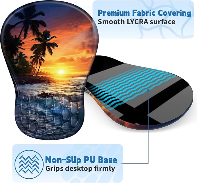YIWEI Ergonomic Mouse Pad with Wrist Rest Support, Mousepad with Comfortable Memory Foam Wrist Rest and Non-Slip PU Base for Pain Relief, Computer, Laptop, Office, Home (Sunset Beach)