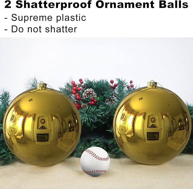 Gold 8.0" Extra Large Christmas Ornaments - Christmas Tree Decoration Balls Shatterproof Hanging Shiny Balls for Birthday Holiday Wedding Decorations Set of 2pcs