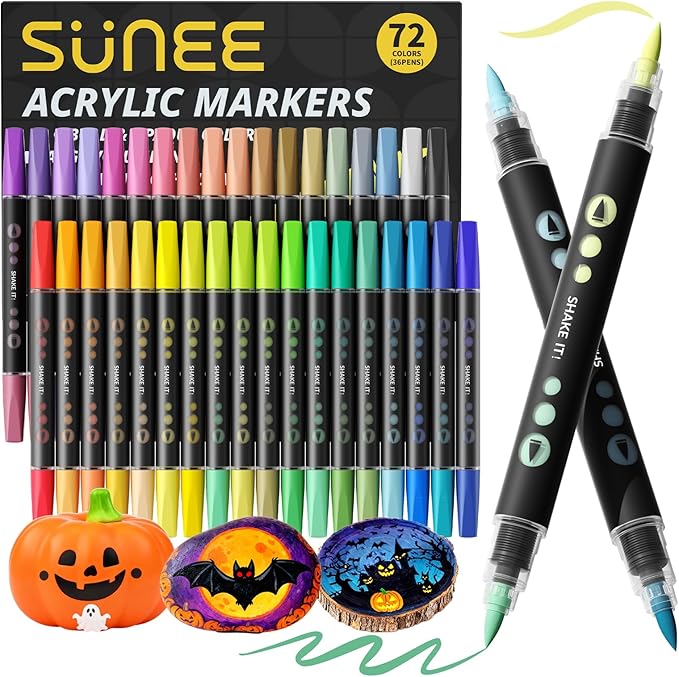 SUNEE 72 Colors Acrylic Paint Markers, 36 Pack Brush Tip Paint Pens with Automatic Ink Control System, Coloring Markers for Metal, Rock, Ceramic, Wood, Canvas, Glass, DIY Crafts Art Supplies Kit