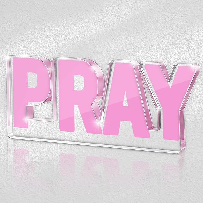 Pink Inspirational Pray Decoration, Office Desk Accessories Decor Sign, Pink Standing Peace Desk Decor for Dorm Room Bathroom Office, 3D Pray Christian Bible Verse, Gifts for Women Mom Sister Friend