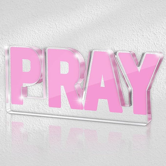 Pink Inspirational Pray Decoration, Office Desk Accessories Decor Sign, Pink Standing Peace Desk Decor for Dorm Room Bathroom Office, 3D Pray Christian Bible Verse, Gifts for Women Mom Sister Friend