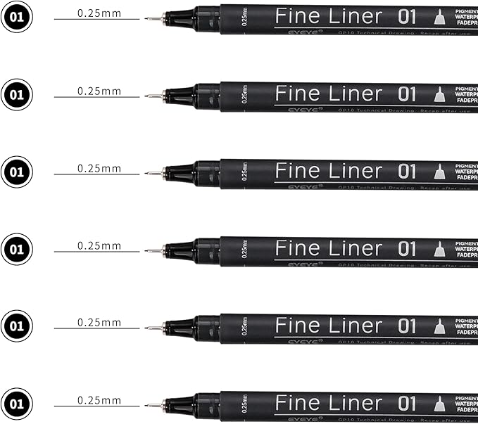 EYEYE Micro Pen Black Drawing Art Pens,6 Pack 0.25mm Archival Pen Waterproof Ink Set Artist Supplies Archival Inking Markers Sketch Outline Pens, Precision Drawing and Sketching Kit