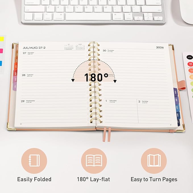 RETTACY 2026 Planner, Weekly and Monthly, Medium Size (5.7" x 8.3"), Jan - Dec 2026, Agenda, Calendar, 12 Month Tabs, Hardcover, 100 GSM Thick Paper, Spiral-bound (Pink)