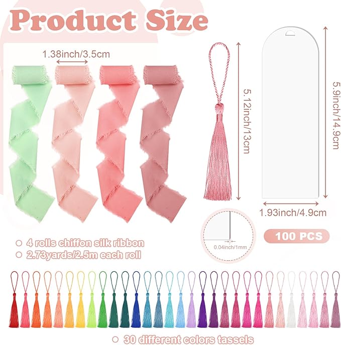 100 Pieces Acrylic Bookmark Blanks, Clear Acrylic Bookmarks with 30 Pieces Tassels and 4 Rolls Chiffon Silk Ribbon, Transparent DIY Bookmarks for Book Lover Crafts Present Tag Reading Accessories