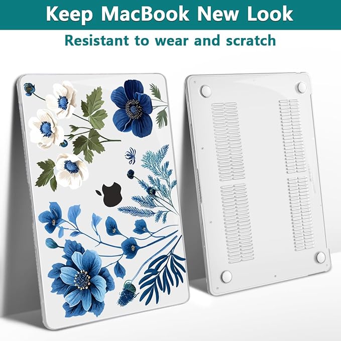 Teryeefi Compatible with M2 M1 MacBook Pro 13 Inch Case A2338 A2289 A2251 A2159 A1989 A1706 A1708 (2024 20203 2022-2016), Hard Shell Case & Keyboard Cover for Mac Pro 13" - Blue Plant Flower