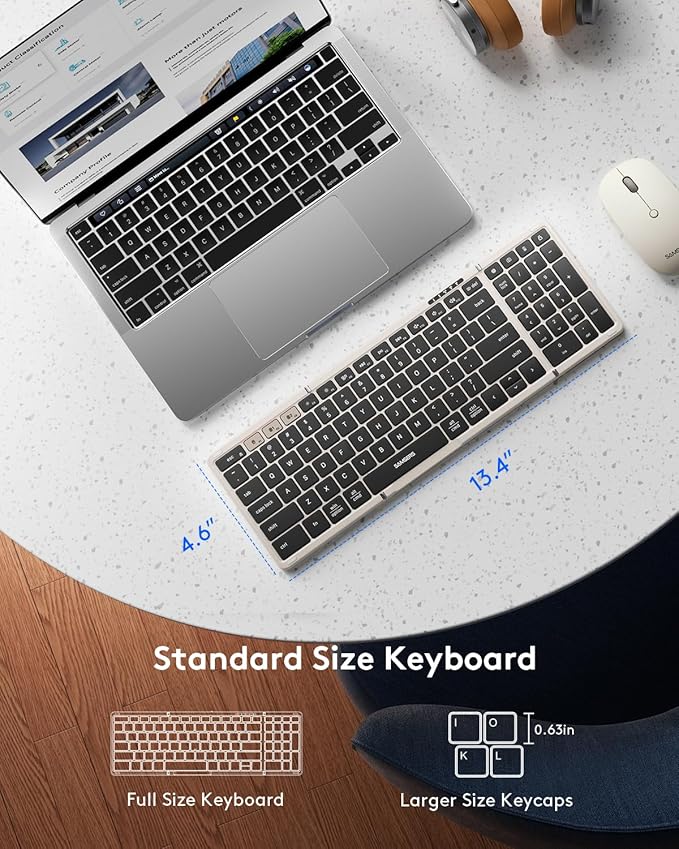 Foldable Keyboard and Mouse, Samsers Folding Bluetooth Keyboard Combo, 2.4G + BT5.0 x 2, Full-Size Portable Travel Keyboard & Rechargeable Wireless Mouse for Windows Android iOS Mac OS, Starlight