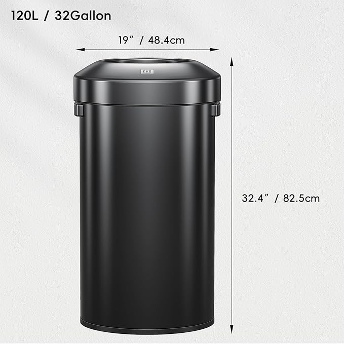 EKO Urban 32 Gallon Round Black Stainless Steel Open Top Waste Bin, Tall Commercial Trash Can for Indoor/Outdoor, Extra Large Metal Garbage Bin for Office, Restaurant, Restroom,120L