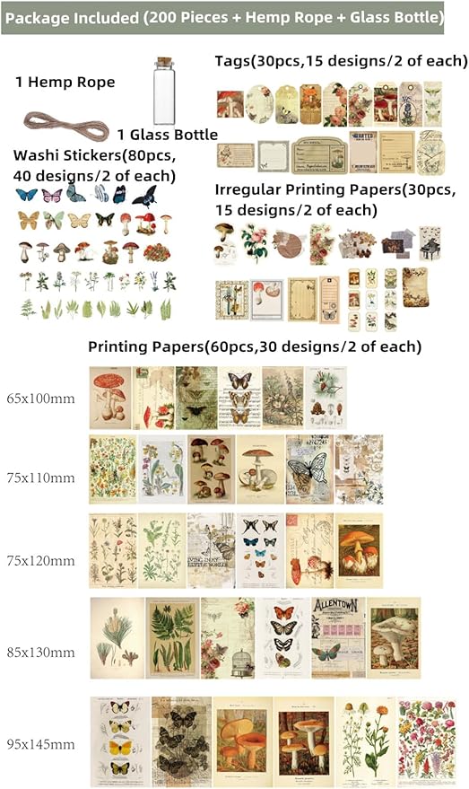200 Pieces Vintage Ephemera Scrapbooking Supplies Pack Scrapbook Paper Sticker Material Pack for Art Journaling Bullet Journals Planners Collage Decoupage Crafter Gifts (Forest)