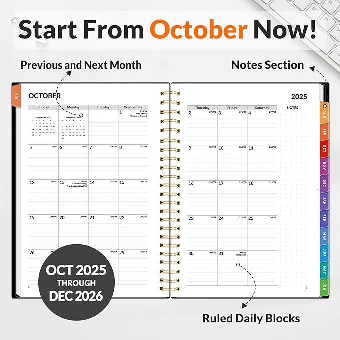 SUNEE 2026 Planner - Weekly and Monthly Calendar Planner from January 2026 - December 2026, 6.4" x 8.3" Daily Agenda with Monthly Tab, Flexible Cover, Note Pages, Pockets, Bookmark, Spiral Binding, Black