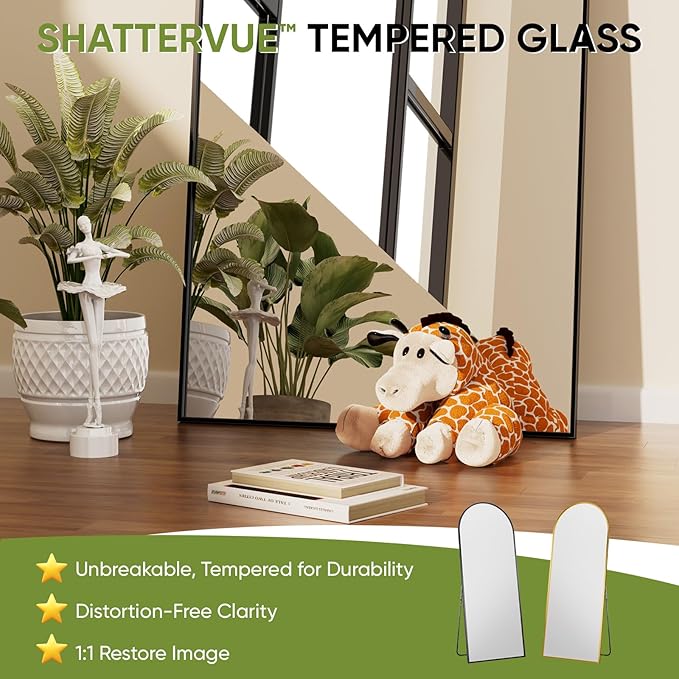 Full-Length Floor Mirror with Stand, 68"x26" Arched Style Full Body Standing Mirror for Bedroom, Living Room, Gym, Dorm - Shatter-Resistant & Easy Assembly, Black