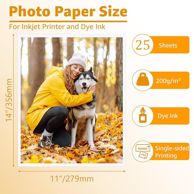 ZBEIVAN 11x14 Photo Paper, Glossy Photo Papers 25 Sheets, 11 x 14 Inkjet Printer Photo Paper for Dye Ink, 200 GSM