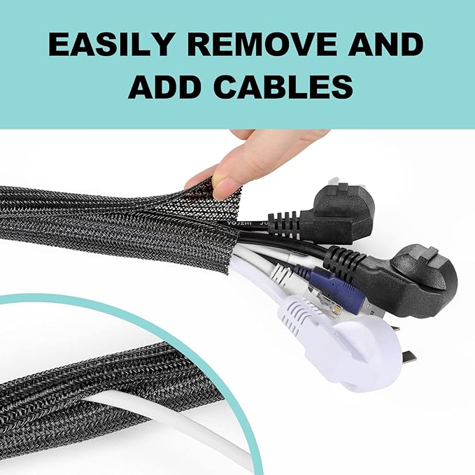 AGPTEK Cable Sleeve Cover, 20ft - 1 inch Desk Cord Organizer Cable Hider, Home Office Wire Management Computer TV Wire Loom Tubing, Pet Proof Cord Protector, from Cat Dog Chewing, Black