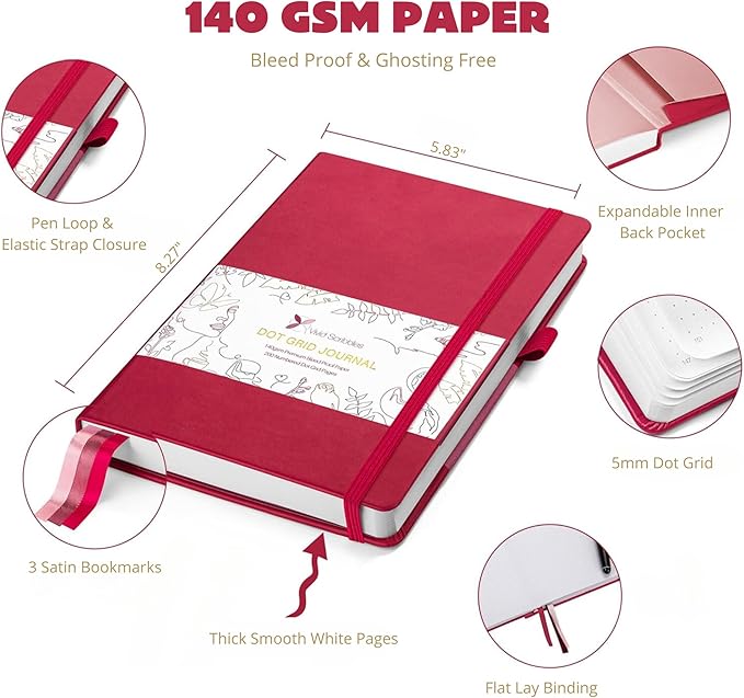 Dotted Journal – 140gsm Bleed Proof Thick White Paper – 200 Numbered Dot Grid Pages – 5.8 x 8.3 inch Bullet Dotted Notebook