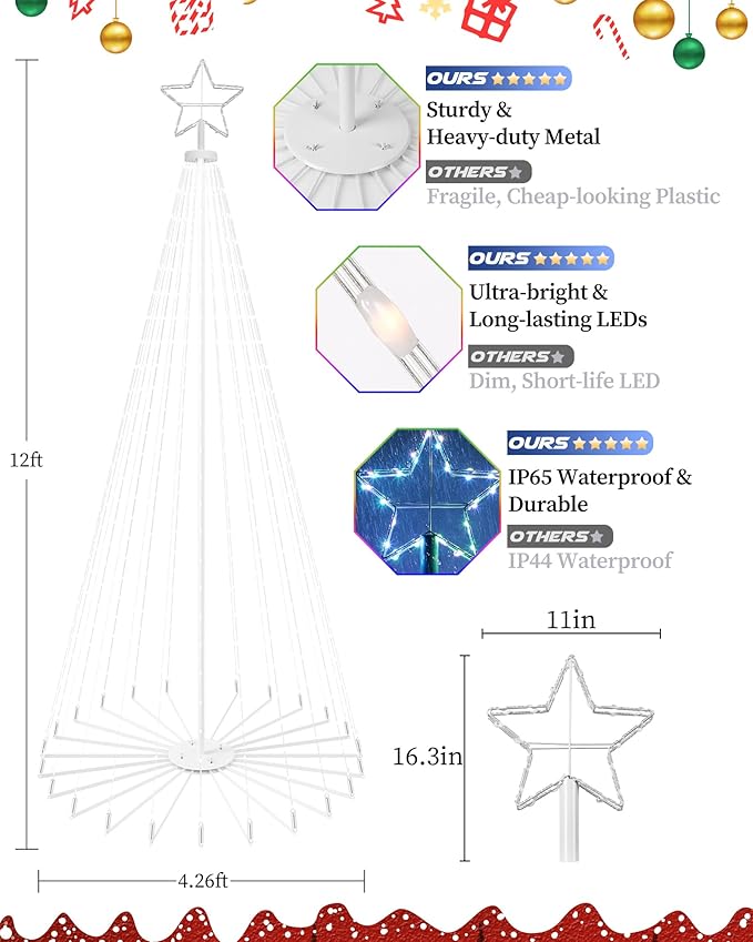 Brightever 12FT 832 LED Smart Cone Christmas Tree, Outdoor Prelit Christmas Tree with 16 Million DIY RGB LED Light Show, Remote APP Control Color Changing Music Sync for Xmas Outdoor Decorations