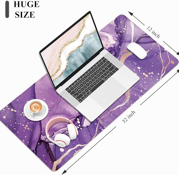 Desk Mat, 32" x 12" XXL Extended Large Gaming Mouse Pad, Desktop Decor Desk Pad, Cute Men Women Office Supplies and Accessories, XL Mouse Mat for Laptop & Keyboard, Purple Marble