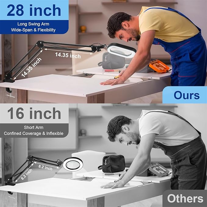 10X Rectangle Magnifying Glass with Light and Clamp, 5 Color Modes Stepless Dimmable, Lighted Magnifier with Stand Hands Free, Flexible Swing Arm LED Desk Lamp for Close Work, Craft, Reading, Painting
