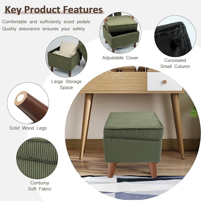 Storage Ottoman with Adjustable Lid, Soft Step Stool, Footrest and Seat, Ottoman Foot Rest for Living Room, Bedroom, Dorm, Green