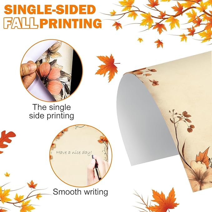 250Pcs Fall Thanksgiving Stationery Paper and Envelope Set with 100 Letterhead Papers and 50 Envelopes, 10 Design for Letter Writing Invitations Computer Holidays Party Notes, 8.5x11 Inch-Leaf