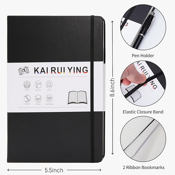 KaiRuiYing Lined Journal Notebook, 320 Pages, 5.5'' × 8.6'' A5 Size, College Ruled, 100 GSM Thick Paper, Leather Hardcover Bullet Journal for Men & Women Available for Writing, Work, Office, Diary and Back to Shool
