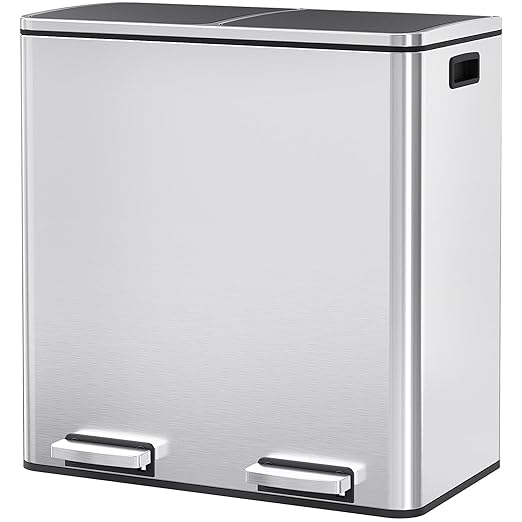 Arlopu 16 GallonStainless Steel Trash Can, 60L Dual Compartment, Metal Kitchen Step Recycle Bin, Metal Double Dustbin, in-Home Garbage Rubbish Can W/Removable Liner Buckets (Silver)