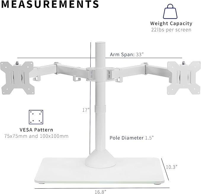 VIVO Freestanding Dual Monitor Stand with Sleek Glass Base and Adjustable Arms, Mounts 2 Screens up to 32 inch and 22 lbs Each, White, STAND-V002FGW