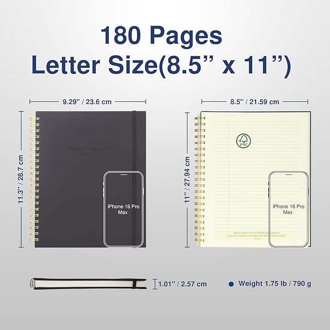 Undated Daily Planner To Do List Hourly Schedule 2027 2026 2025 Calendar & Holiday Habit Tracker 180 Pages Letter Size 8.5" x 11" Sheets Hardcover Spiral Bound Notebook (Black)