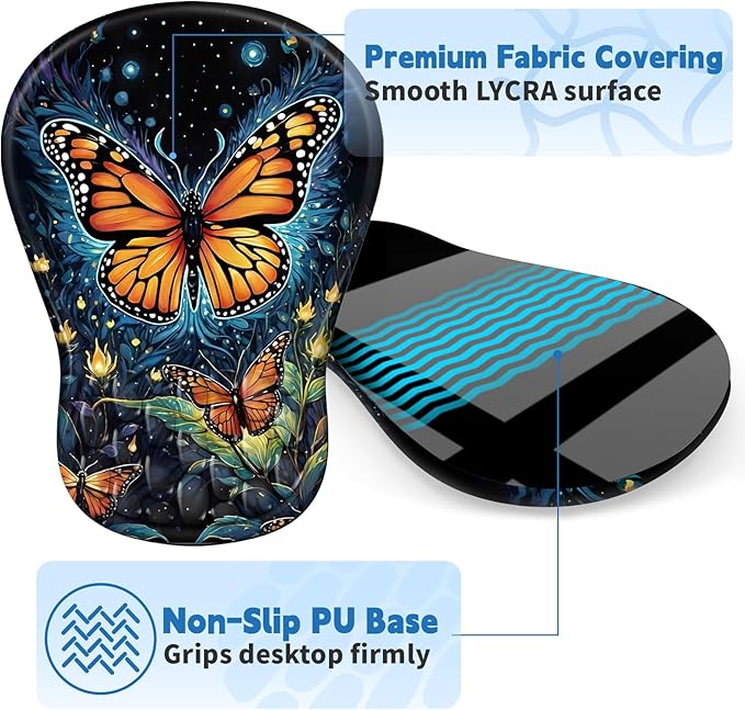 YIWEI Ergonomic Mouse Pad with Wrist Rest Support, Mousepad with Comfortable Memory Foam Wrist Rest and Non-Slip PU Base for Pain Relief, Computer, Laptop, Office, Home (Butterfly)