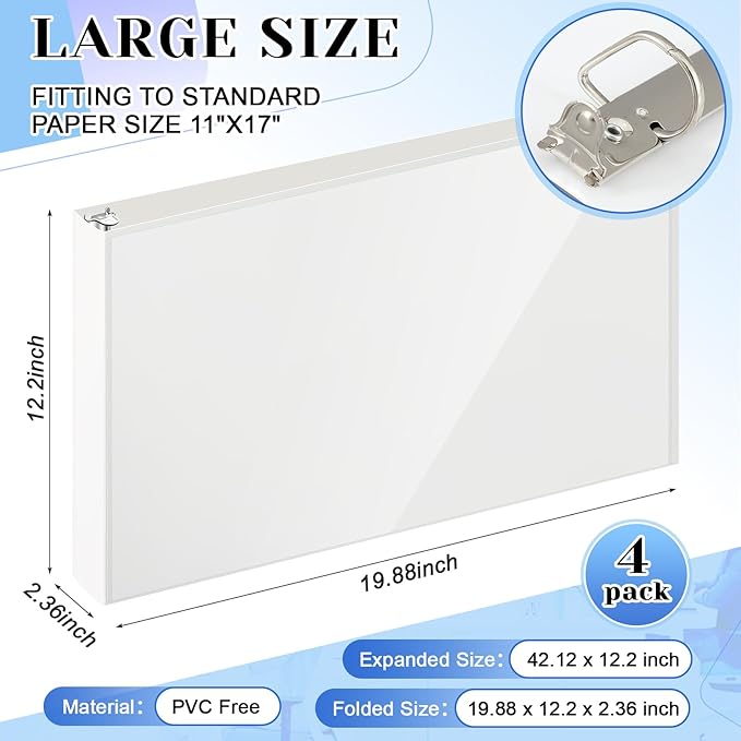 4 Pcs 11 x 17 Inch View Binders with Cover Pocket 2 Inch 3 Rings Heavy Duty View D Ring Binders Economy Holds 11" x 17" Paper for Artwork Blueprints, Office, Home, Work Places (White)
