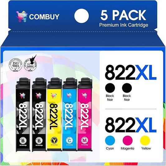 822XL Ink Cartridges Combo Pack Remanufactured Replacement for Epson 822XL Ink Cartridges 822XL Work for Epson WF-3820 Printer WF-4820 WF-4830 WF-4833 WF-3823 WF-4834 (5 Pack)