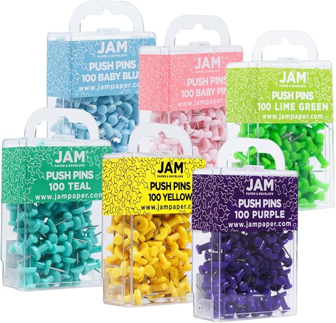 JAM PAPER Colorful Push Pins - Assorted Spring Colors Thumb Tacks - 600/Pack