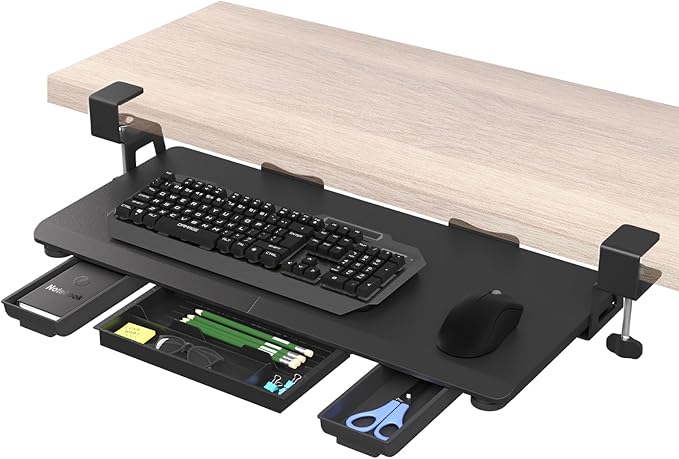 Keyboard Tray Under Desk Slide Out with Drawer, 27"x 11.8" Large Size, Pull Out Desktop Extender Holder with Sturdy C-Clamp Mount for Home Office, Black