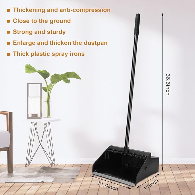 Leumoi 12 Pcs Dust Pans with Long Handle Set 36.6 Inch Commercial Dust Pan with Comb Large Plastic Stand up DustPans for Outdoor Indoor Restaurant Home Office Floor Cleaning (Black)