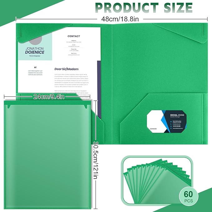 Henoyso 60 Pcs Plastic Folders with Clear Front Pockets Heavy Duty File Folders with 2 Pockets and Card Slot for Student Communication School Office Presentation Report (Green)