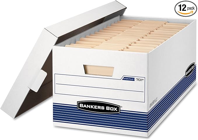 Bankers Box 12 Pack STOR/File Medium-Duty File Storage Boxes, FastFold, Lift-Off Lid, Letter, White/Blue
