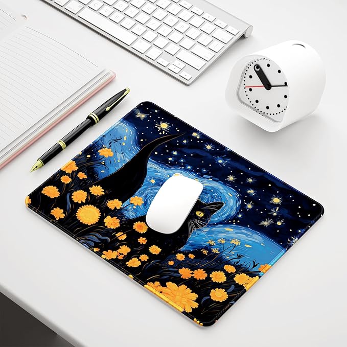 Auhoahsil Mouse Pad, 12 x 10 in Van Gogh Style Cat Theme Computer Mouse Pad for Desk, Premium-Textured Non-Slip Rubber Stitched Edges Waterproof Square Mouse Mat for Gaming Work Wireless Mice
