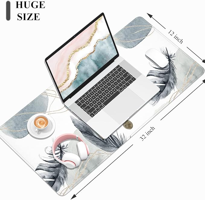 Desk Mat, 32" x 12" XXL Extended Large Gaming Mouse Pad, Desktop Decor Desk Pad, Cute Men Women Office Supplies and Accessories, XL Mouse Mat for Laptop & Keyboard, Minimalism Feather